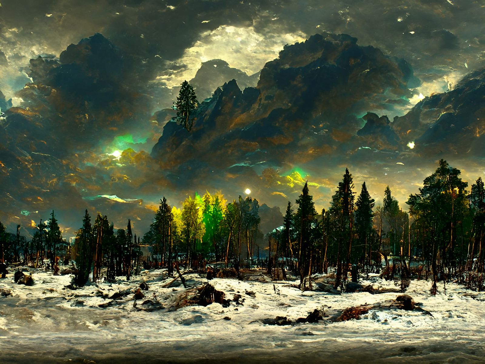 Post-Apocalyptic Winter Landscape with Aurora Borealis