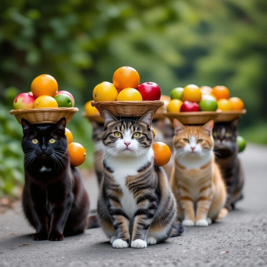 Cats Carrying Fruit: A Cinematic Film Still