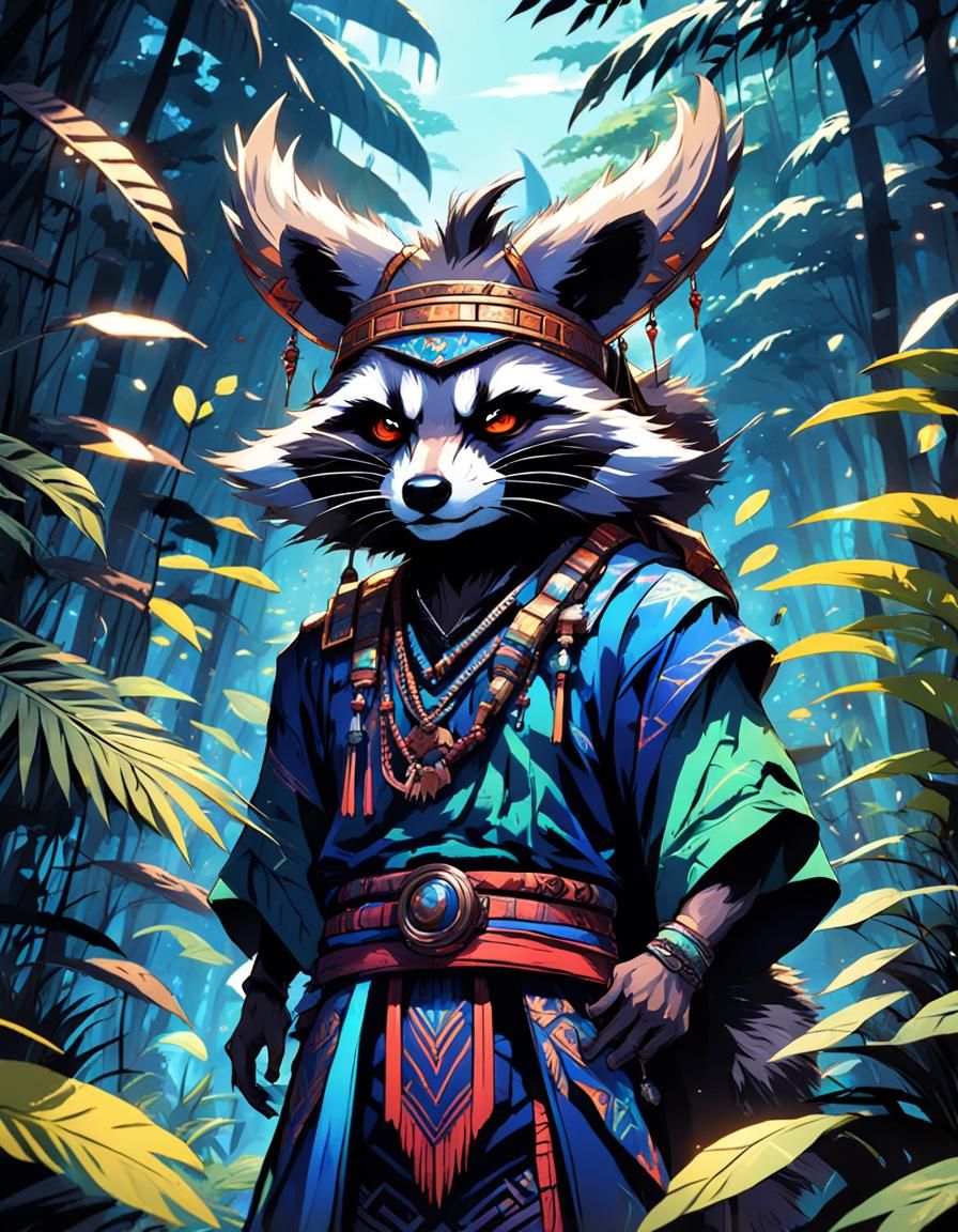 Tribal Racoon Druid in Jungle, Anime Style