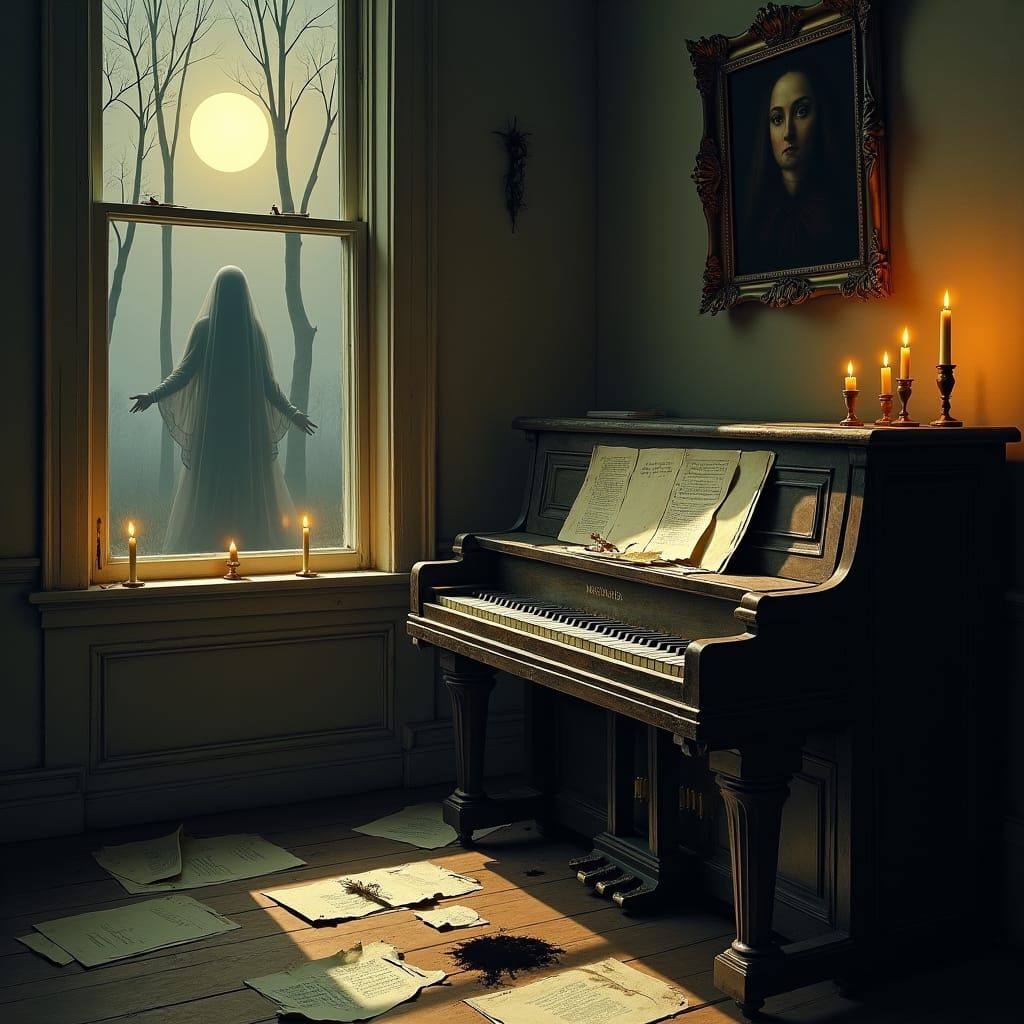 Eerie Grand Piano Scene with Gothic Elements
