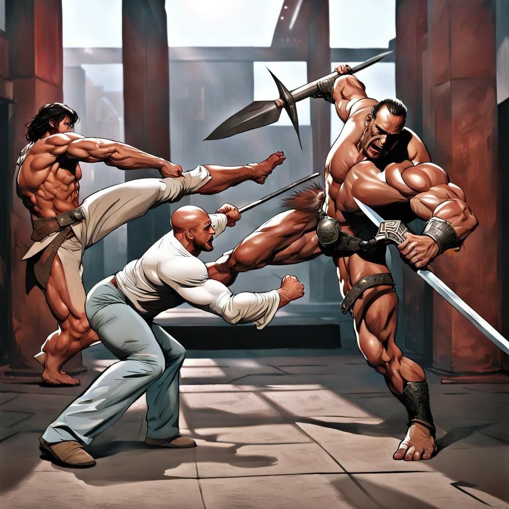 Giant Lifts Man in Battle Scene