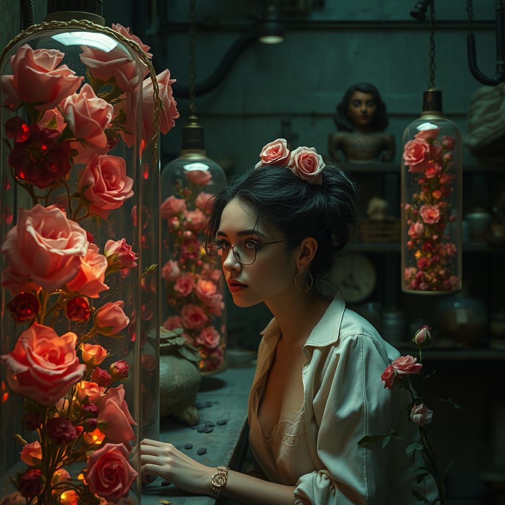 Woman in Alchemist Lab with Jars, in Dark Fantasy Style