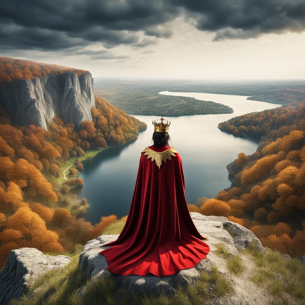Young King with Golden Crown Overlooking Lake