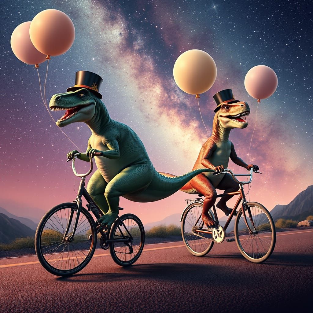 T-Rex Dinosaurs Ride Bicycles Under Vibrant Space Stars
