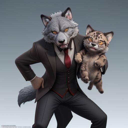Angry Wolf Holding Leopard Cub in 3D Digital Art