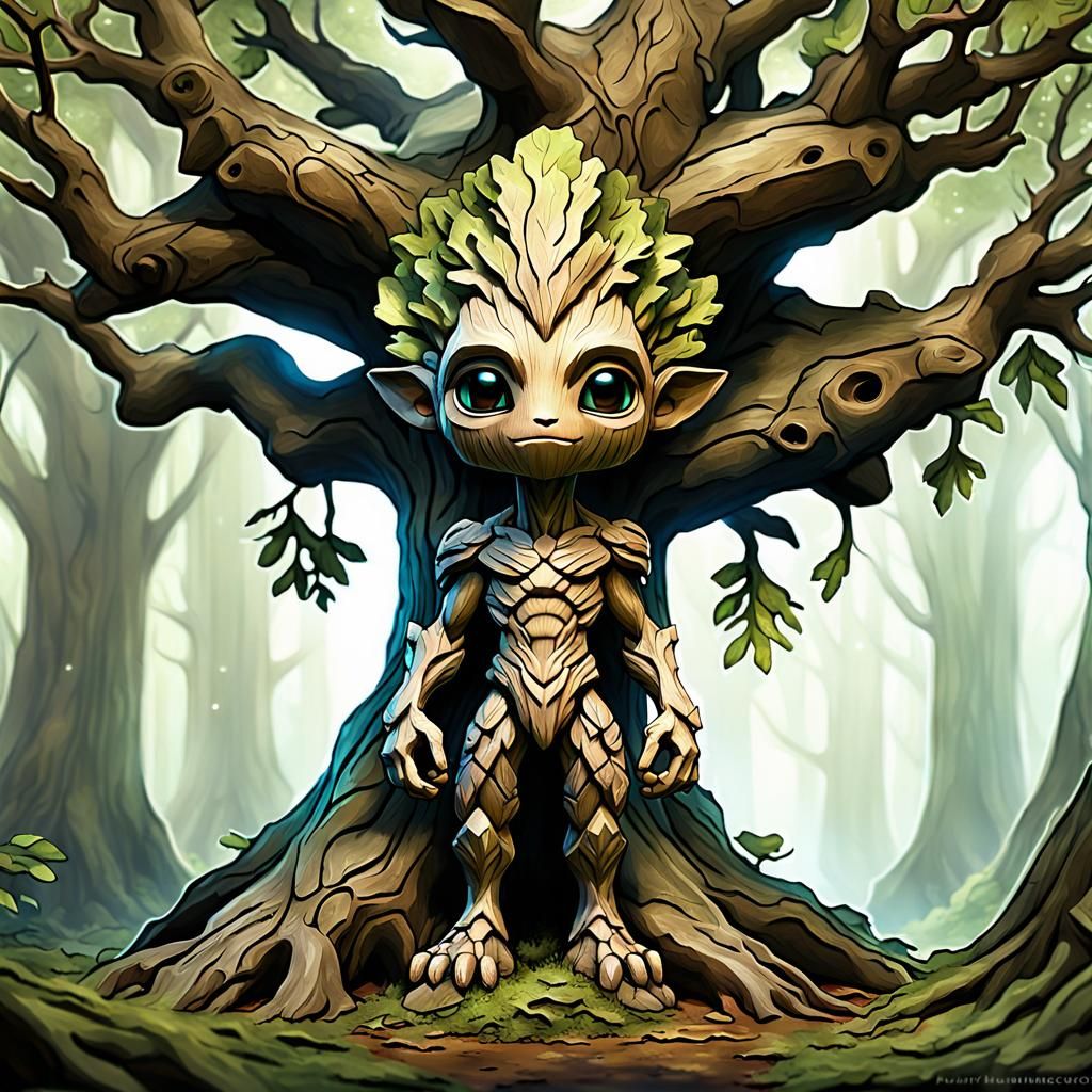 Chibi Oak Humanoid as 3D Render in Mystical Forest