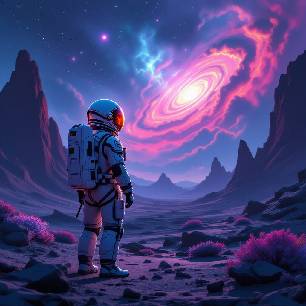 Astronaut on Alien Planet with Nebula Sky