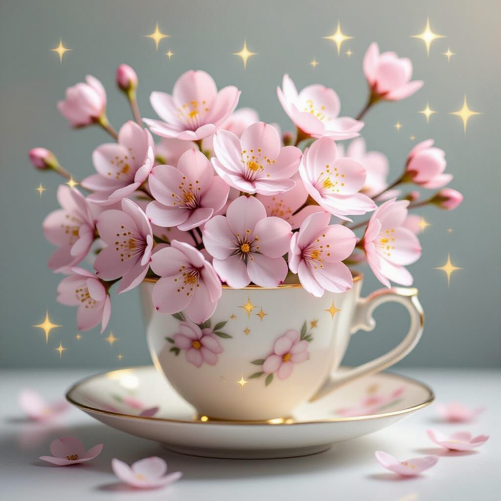 Whimsical Teacup with Cherry Blossoms in Watercolor Style