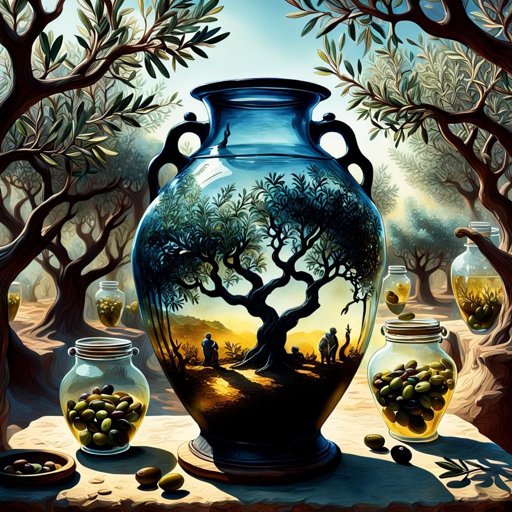 Olive Oil and Olives in Glassware