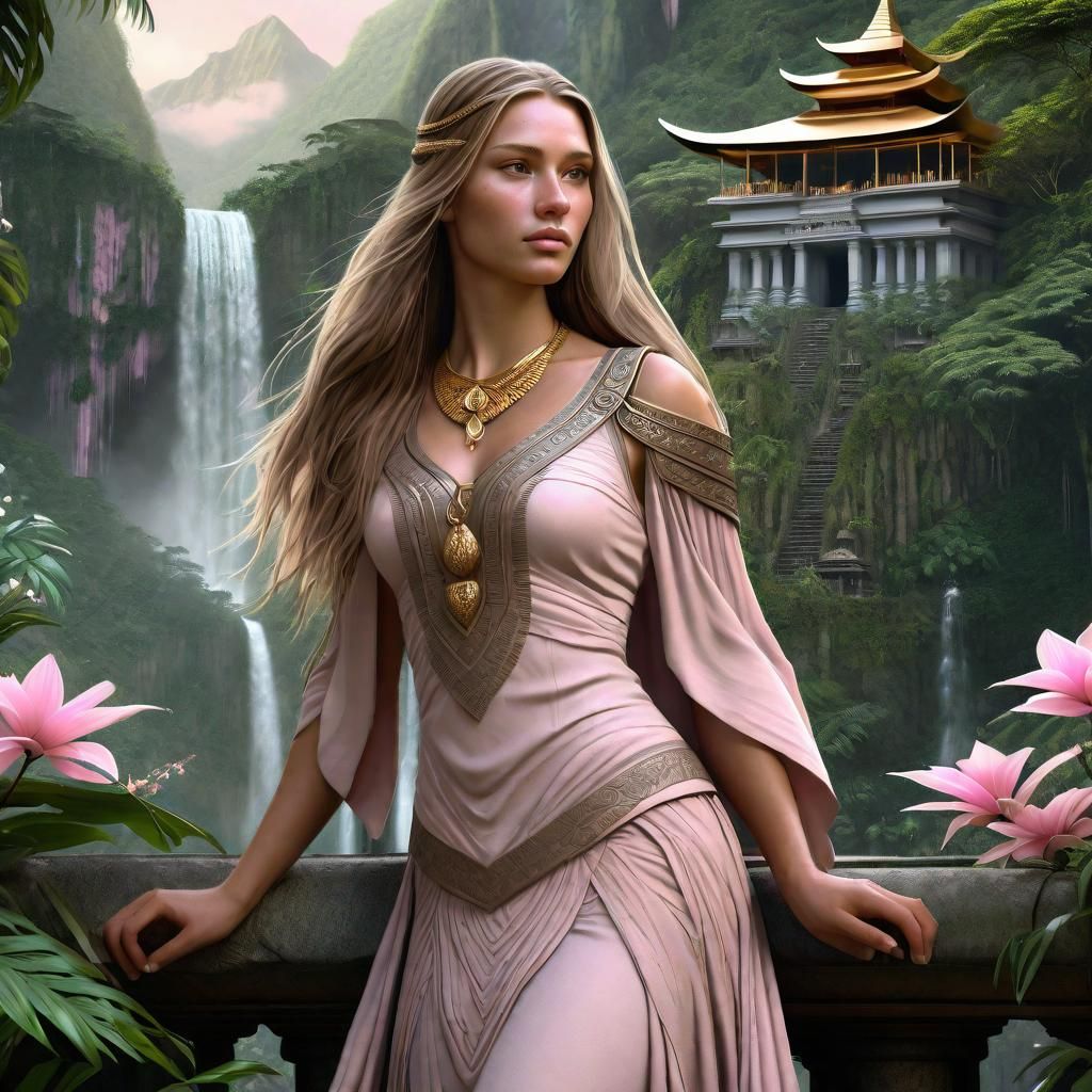 Amazon Woman in Rainforest with Temple, Matte Painting