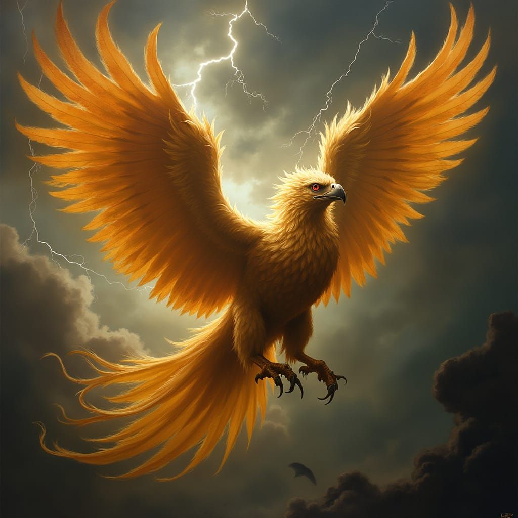Majestic Griffin Soars Through Stormy Sky in Golden Splendor