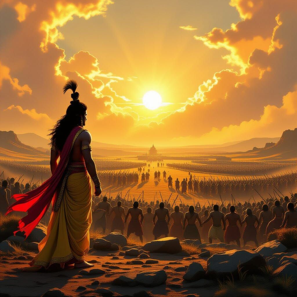 Shri Krishna at Kurukshetra Battlefield, Cinematic Illustrat...