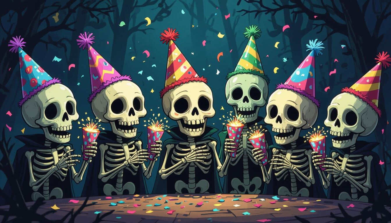 Undead Skeletons Celebrate with Festive Party Hats