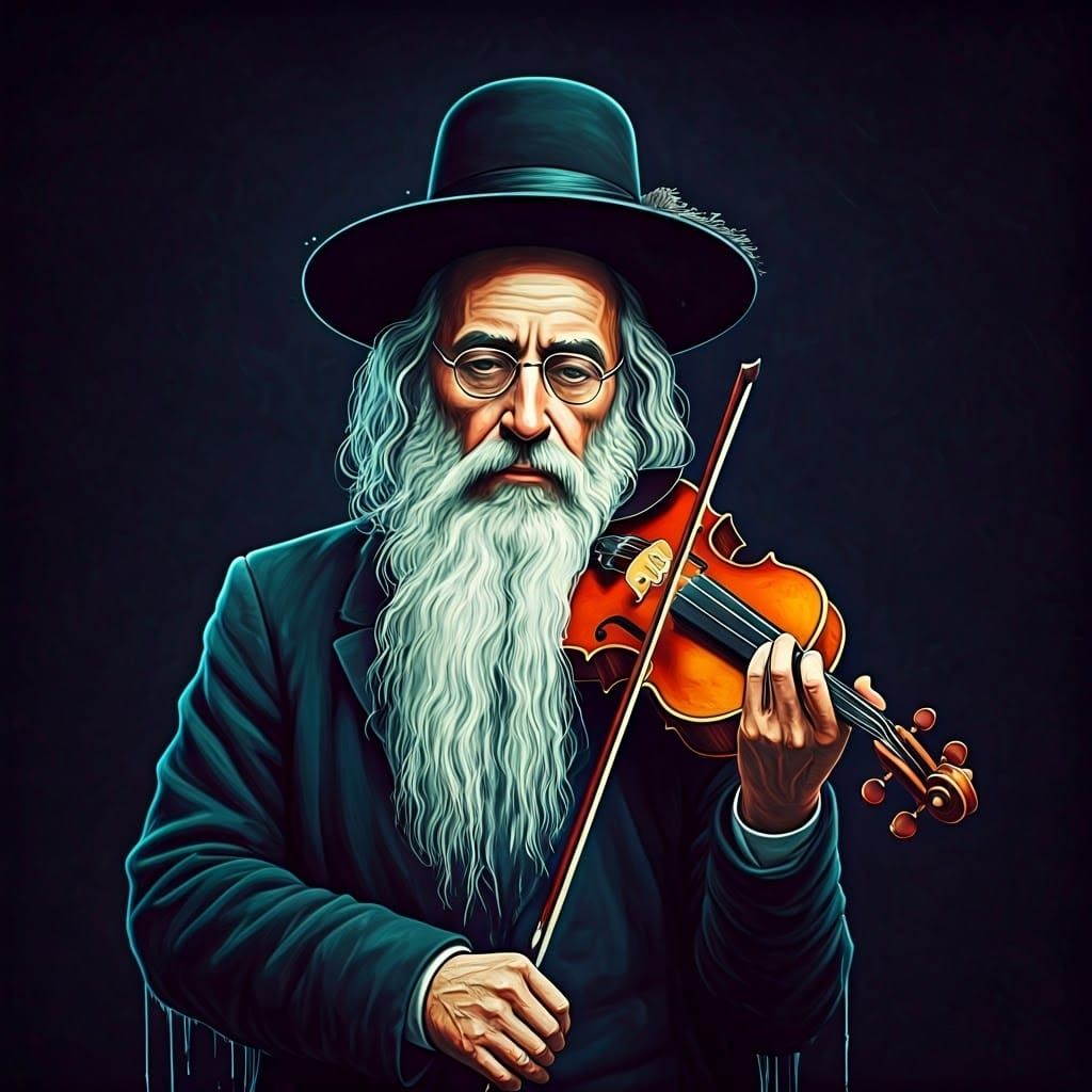 Surreal Hasidic Violinist Transforms into Cyberpunk Art