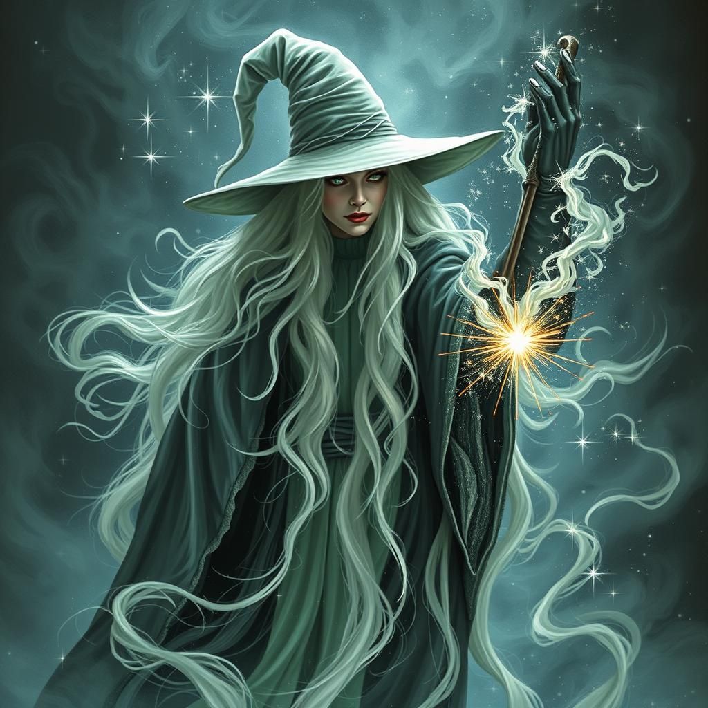 Enchanting Wise White Witch with Swirling Magic