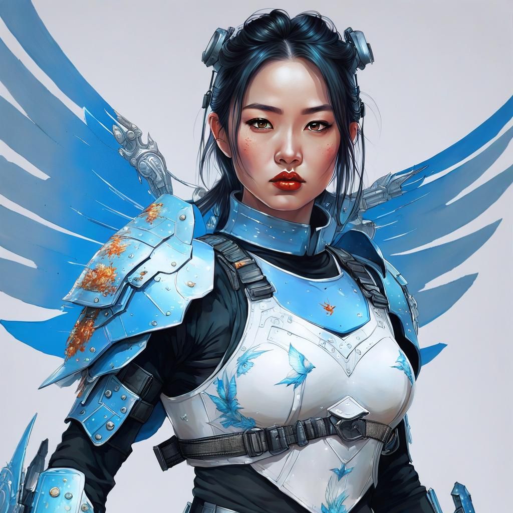 Futuristic Asian Girl in Armor with Wings