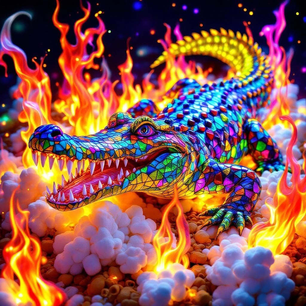 Mosaic Crocodile in Kaleidoscopic Stained Glass