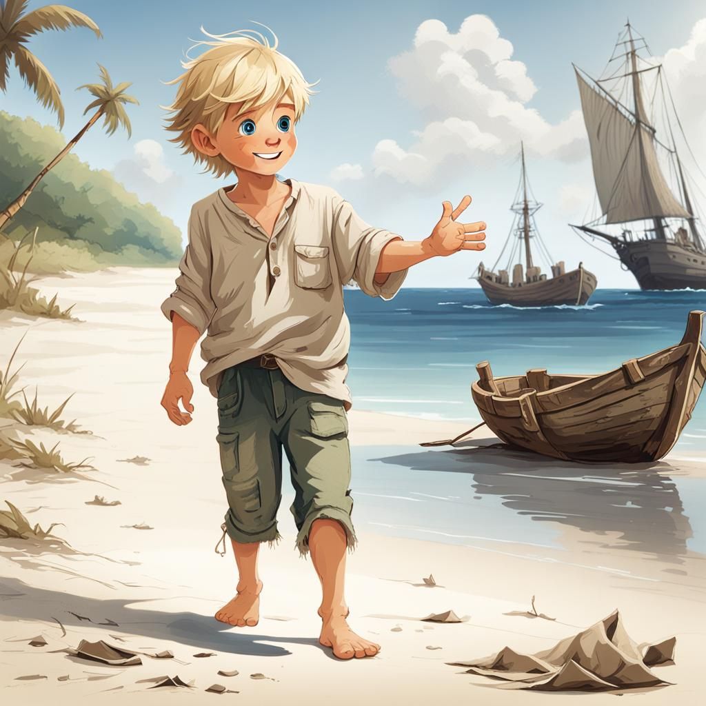 Lonely Boy Waving on Deserted Island