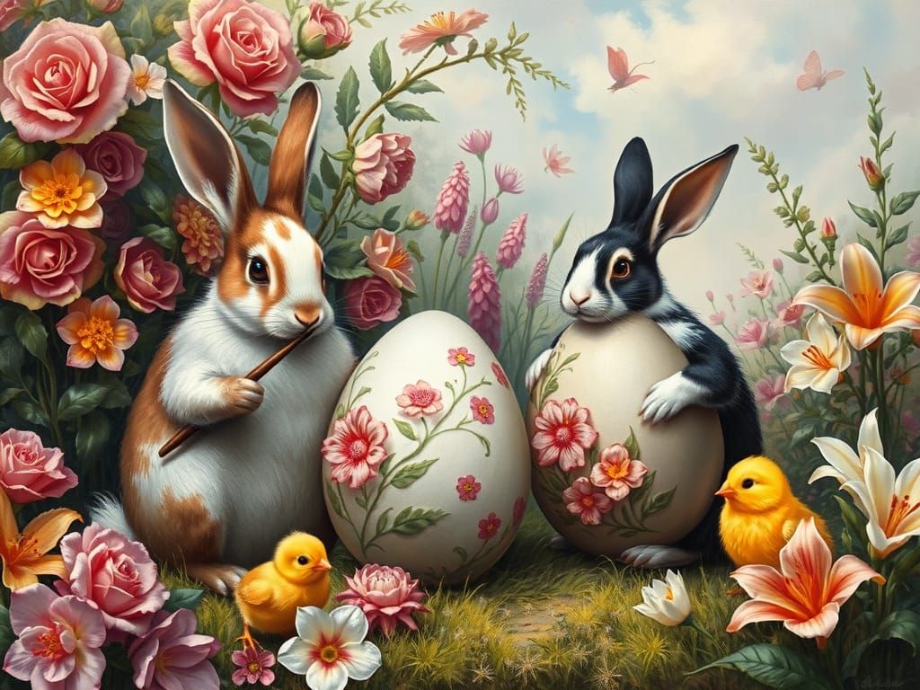 Rabbits and Chicks Painting Easter Eggs in Fairy Tale