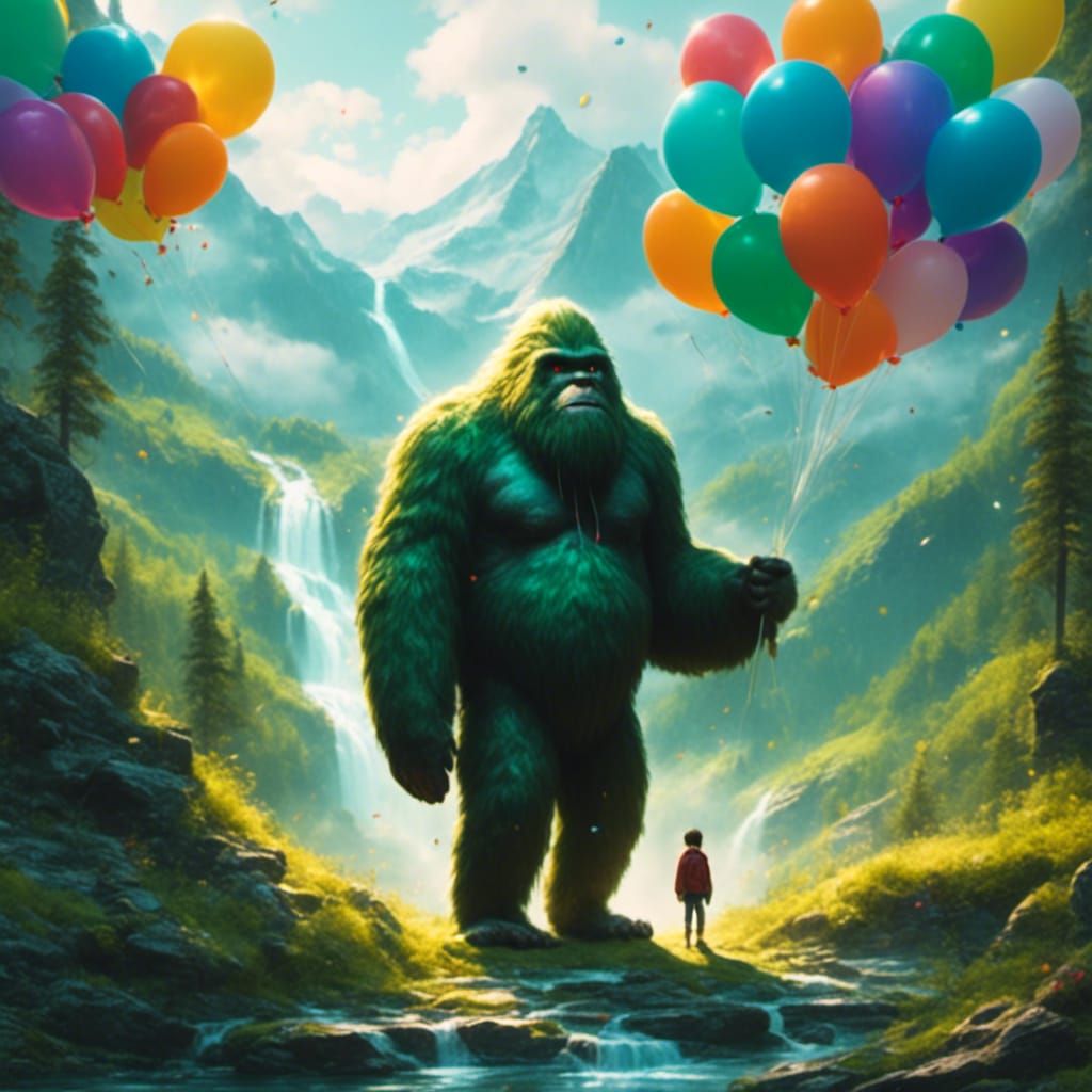 Bigfoot with Balloons by Green Waterfall