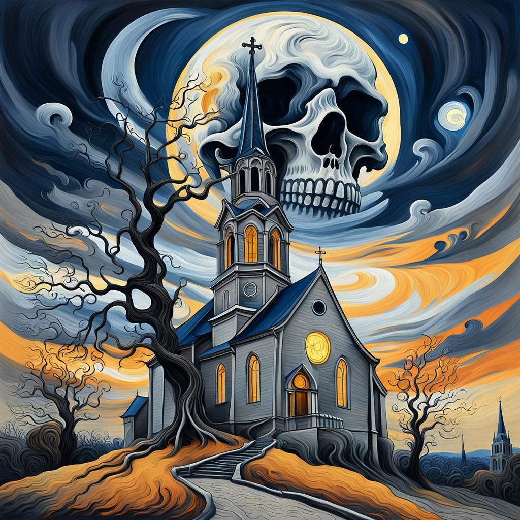 Eerie Skull Moon over Surreal Van Gogh Landscape