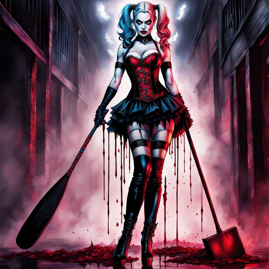 Harley Quinn Covered in Blood Holding Her Bat