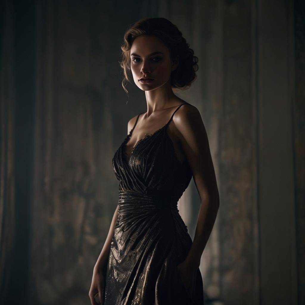 Dramatic Portrait of Woman in Gown, Film Noir Style