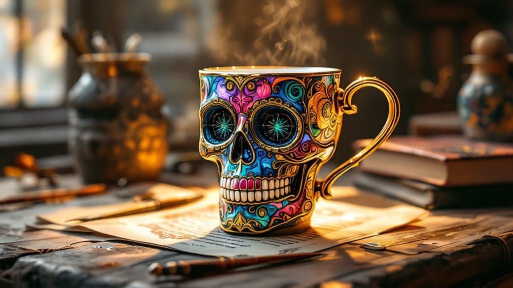Ornate Harry Potter Mug Sugar Skull, Hyper-Realistic Waterco...