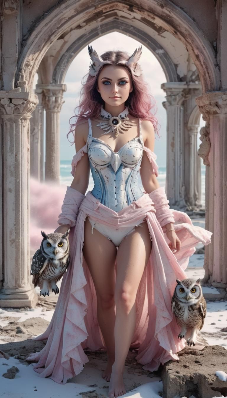 Gothic Owl Woman in Beach Ruins: Digital Portrait