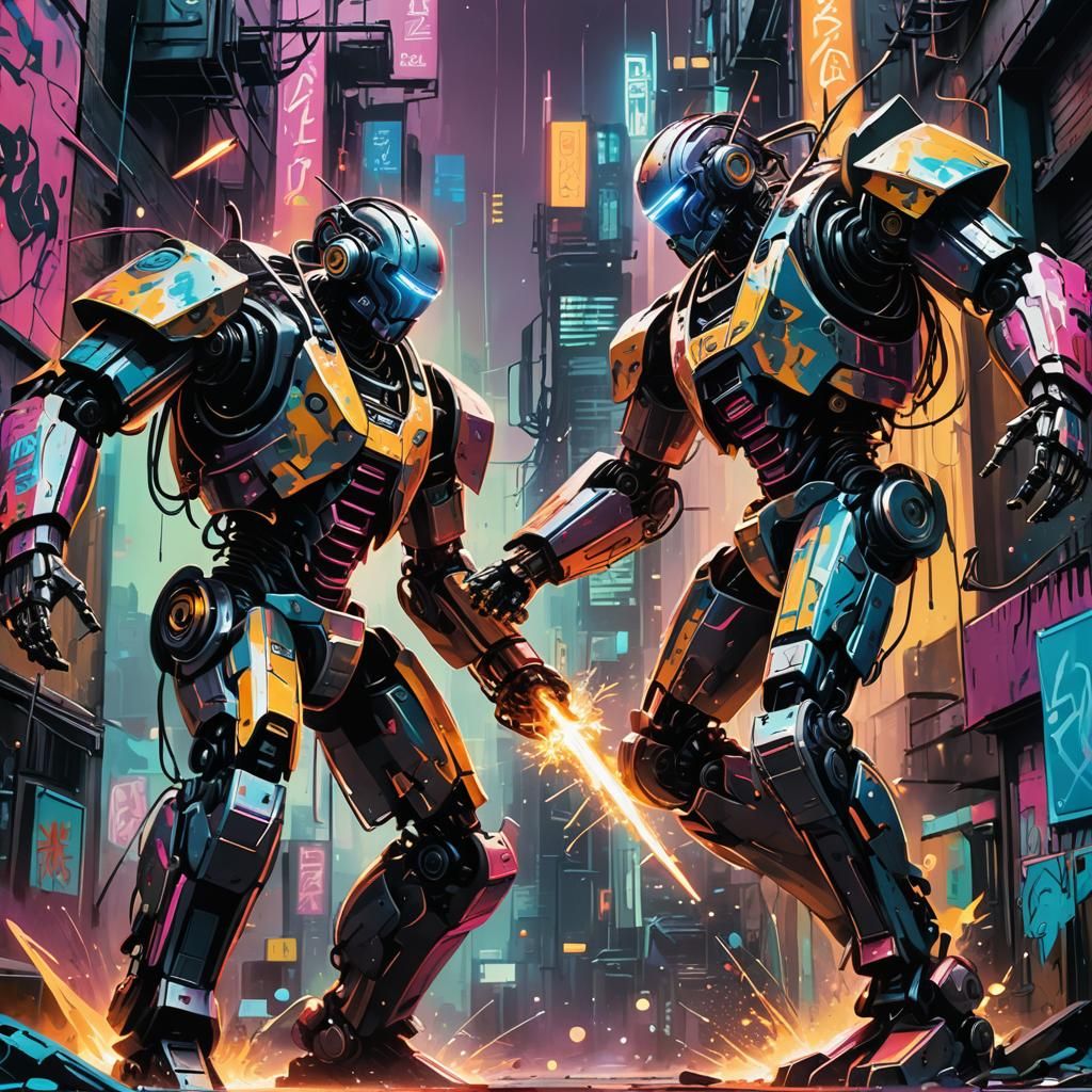 Robots Clash in Cyberpunk Graffiti Street Art