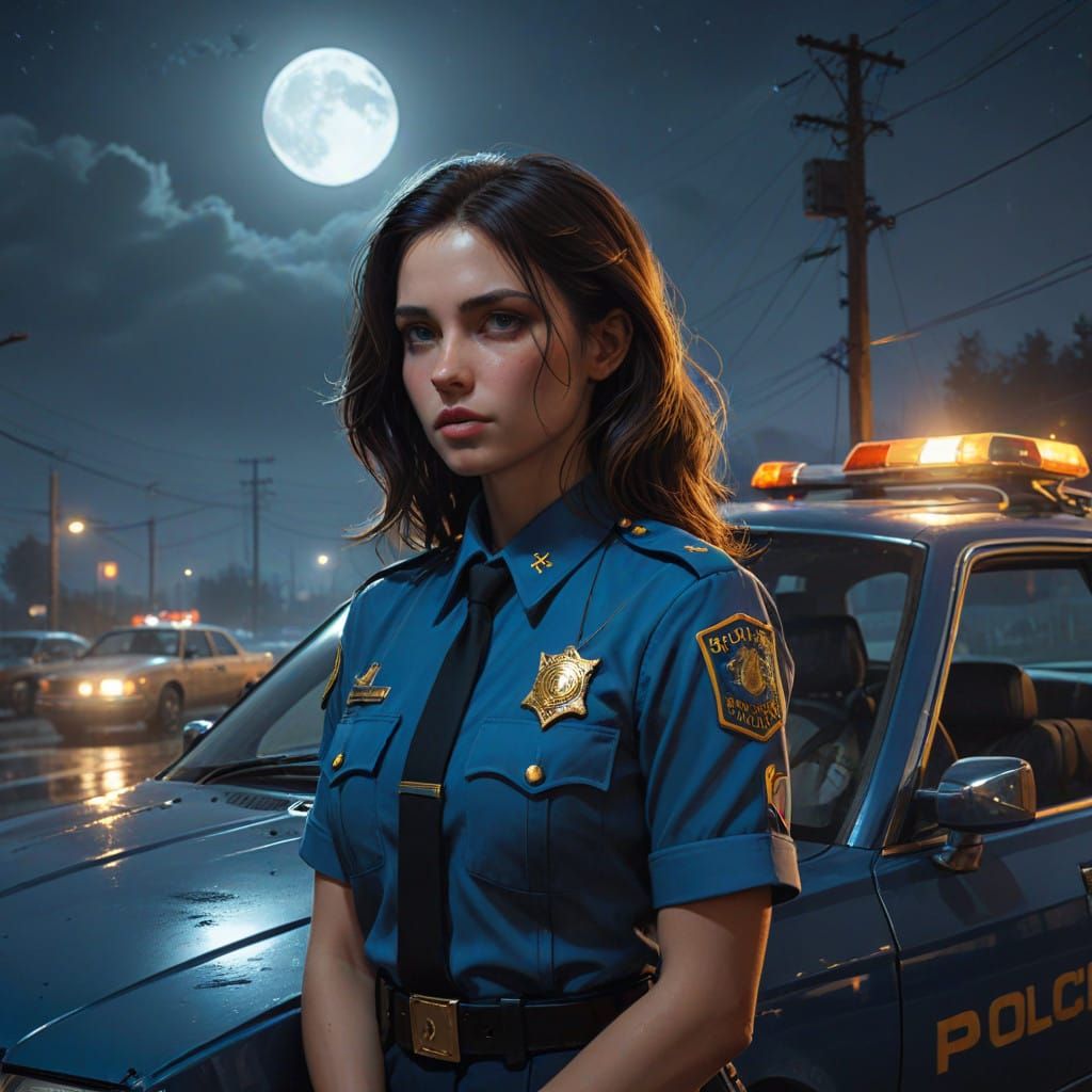 Confident Police Officer Under Full Moonlight