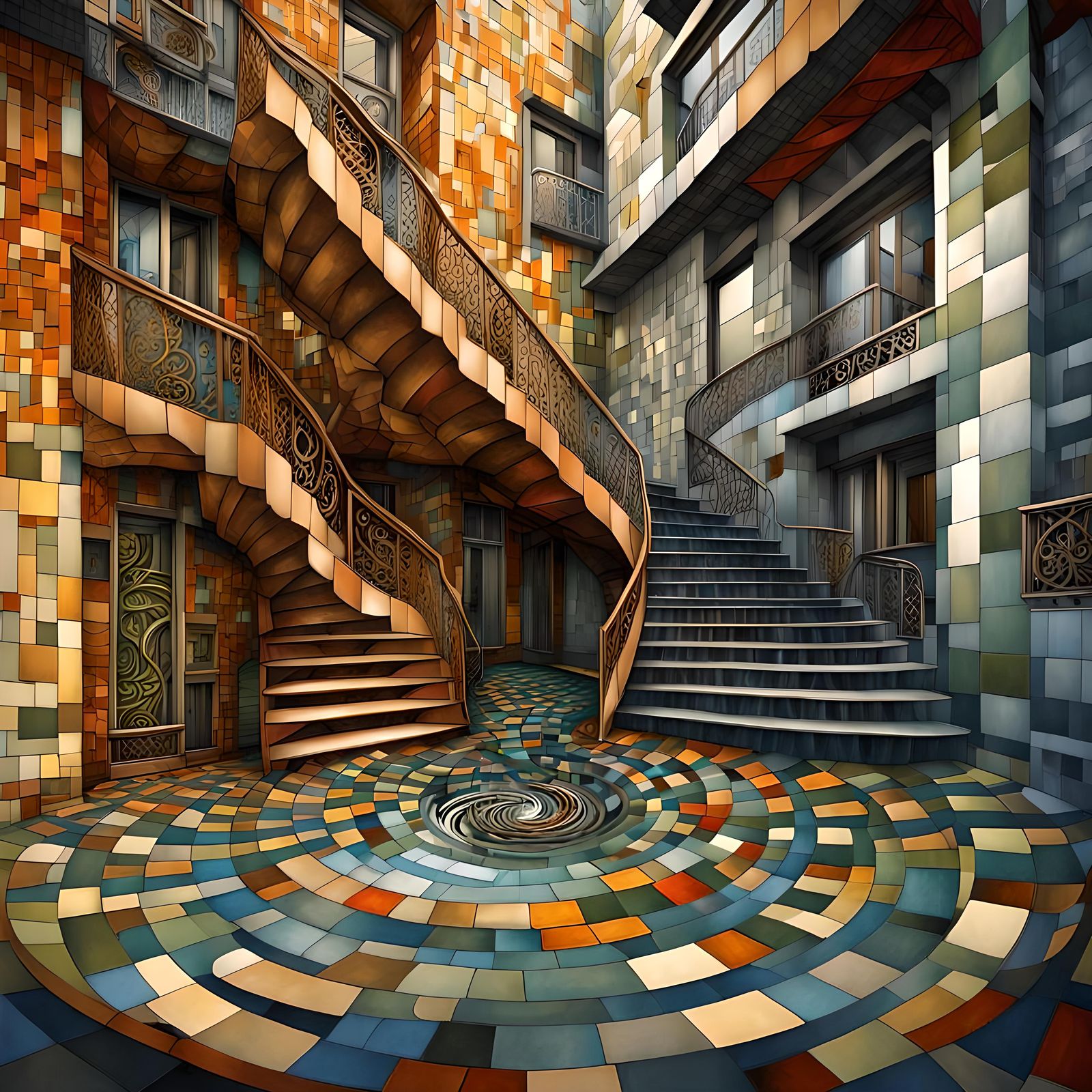 Intricate Escher Style Apartment Complex in Psychedelic Colo...