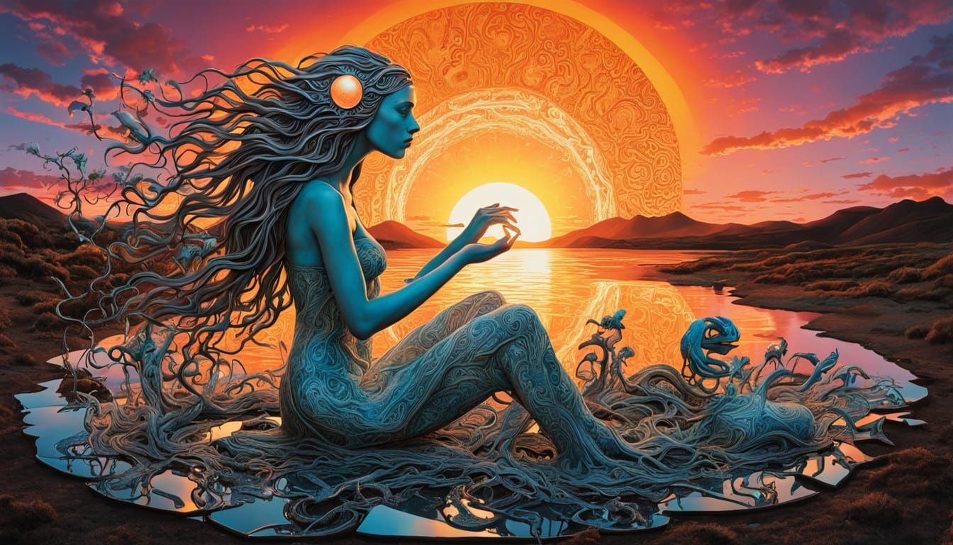 Surreal Woman Sculpture at Sunset: Bio Art Collage