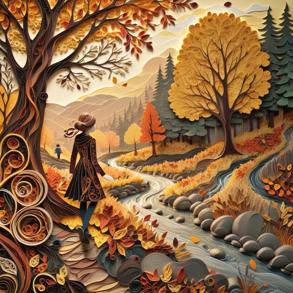 Surreal Autumn Woodland Scene in Whimsical Quilling Collage...
