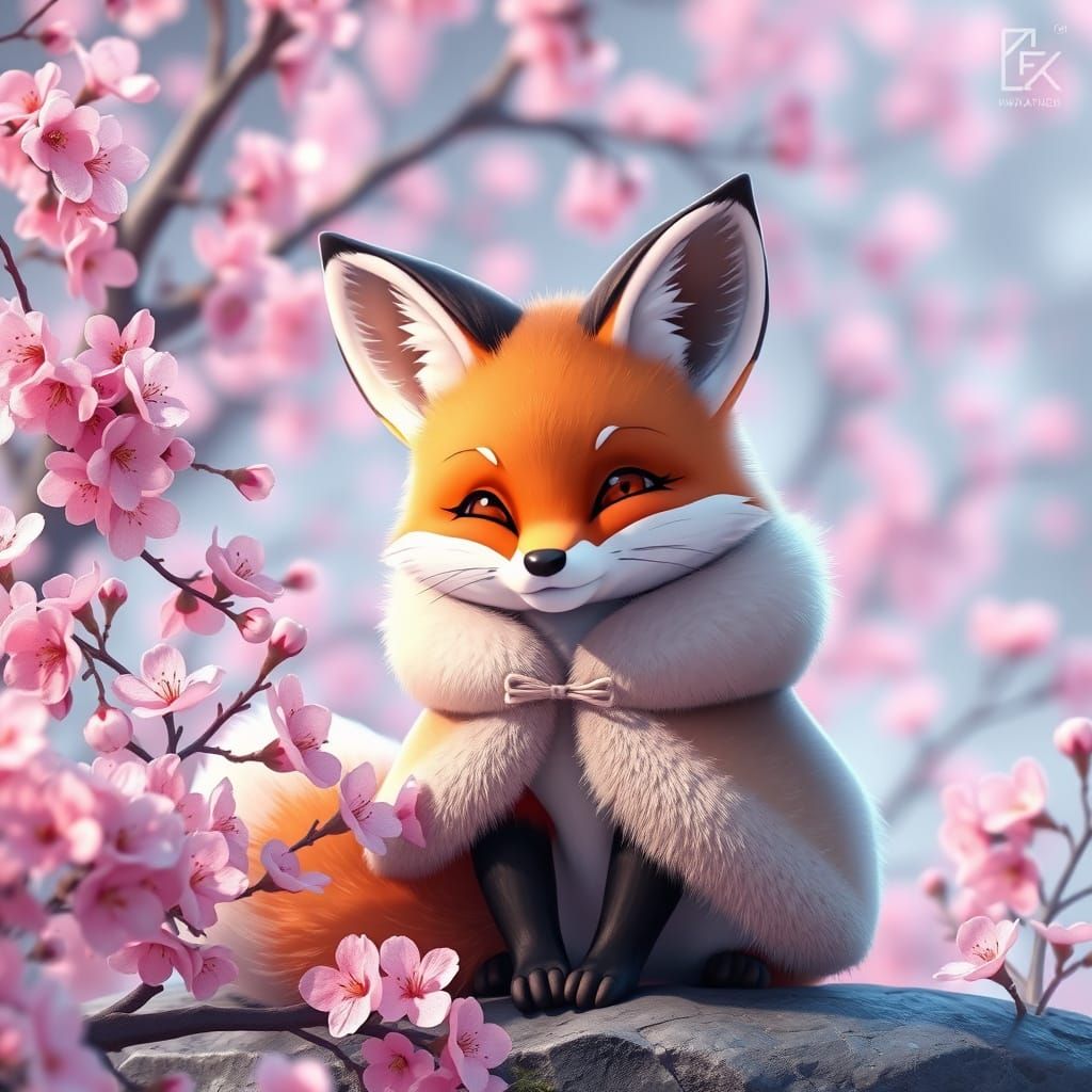 Cloaked Fox with Cherry Blossoms in Anime Style