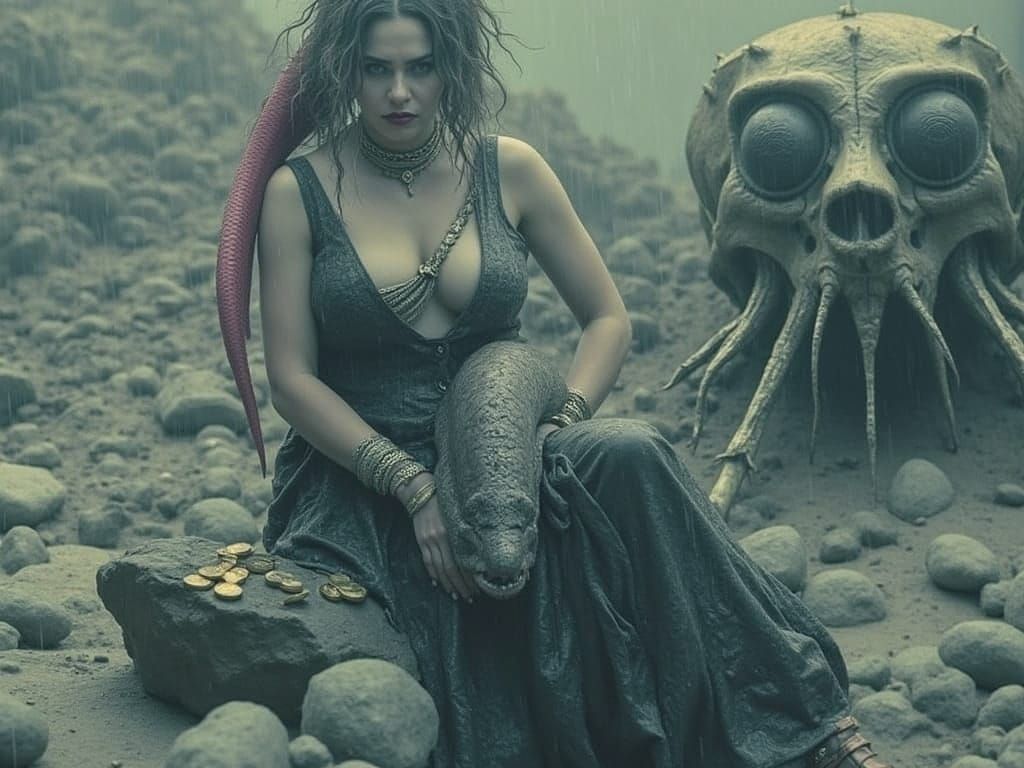 Sinister Sea Witch with Pink Eel in Gloomy Atmosphere