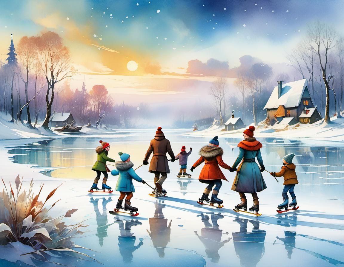 Idyllic Winter Landscape with Family Skating