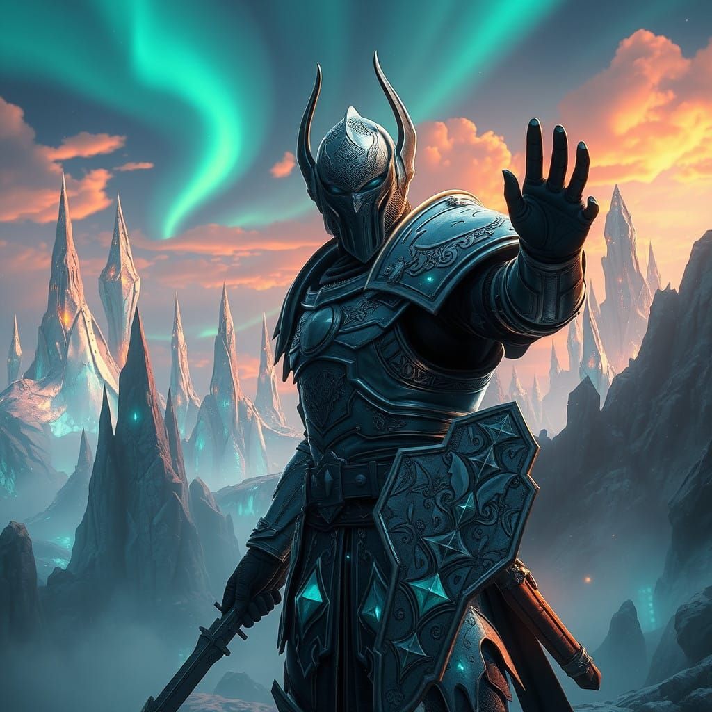 Mystical Warrior in Dreamlike Crystal Landscape