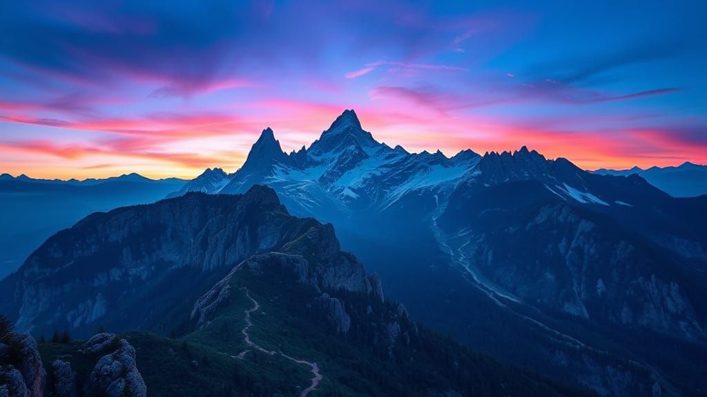 Majestic Mountain Range at Blue Hour Sunset