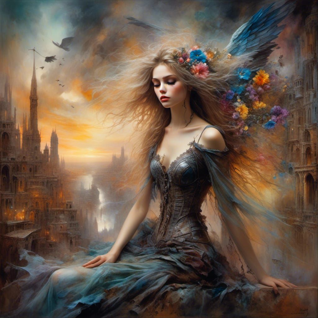 Winged Lady Soaring Over Dream Cityscape