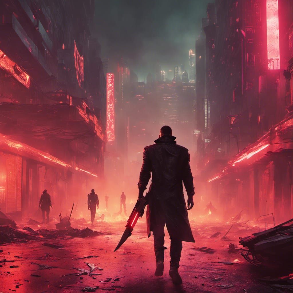 Cyberpunk Warrior Leaving Burning City