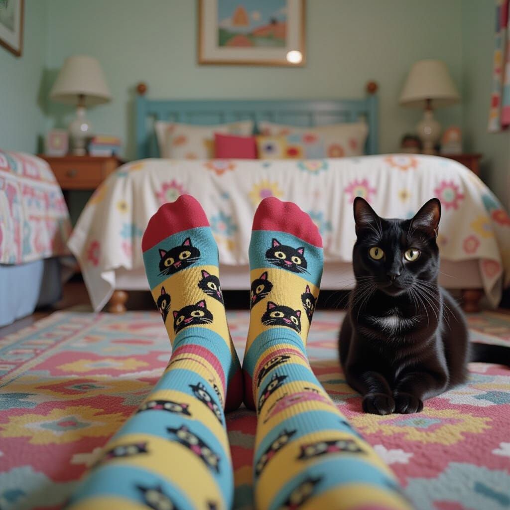 Playful Cat Socks in a Whimsical Film Still