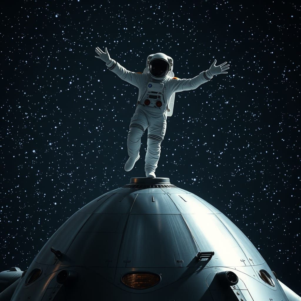 Astronaut in Ballet Pose on Silver Spaceship