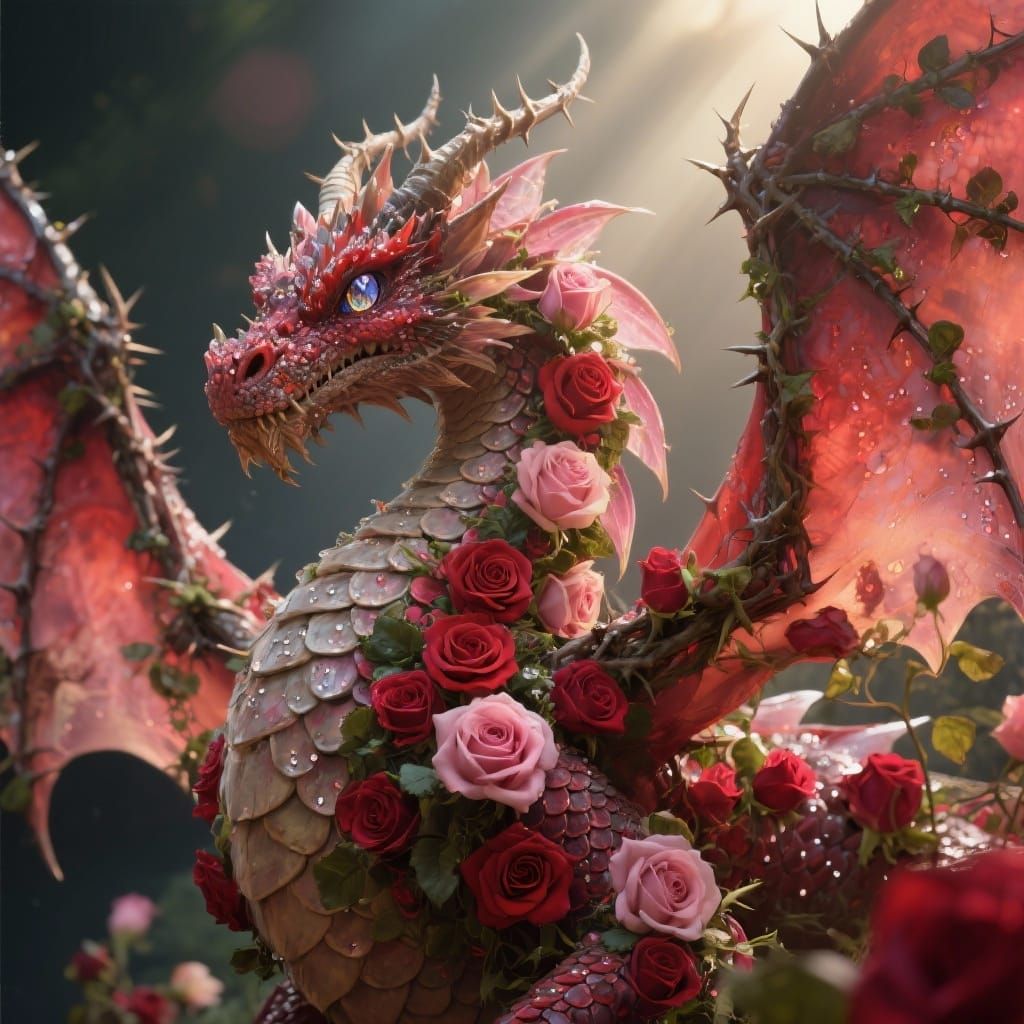 Rose Dragon with Quartz Eyes in Cinematic Lighting