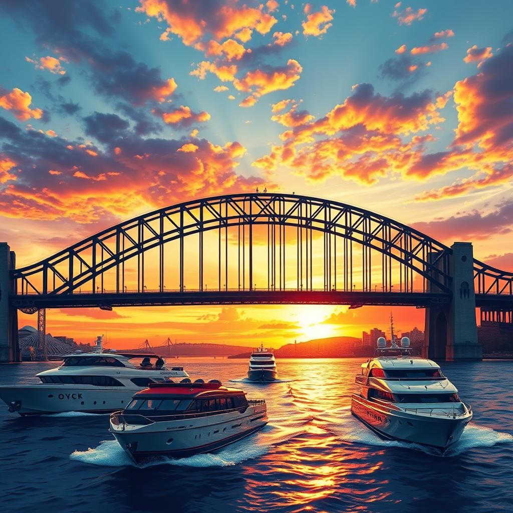 Sydney Harbour Bridge Sunset: Hyperrealistic Splash Art