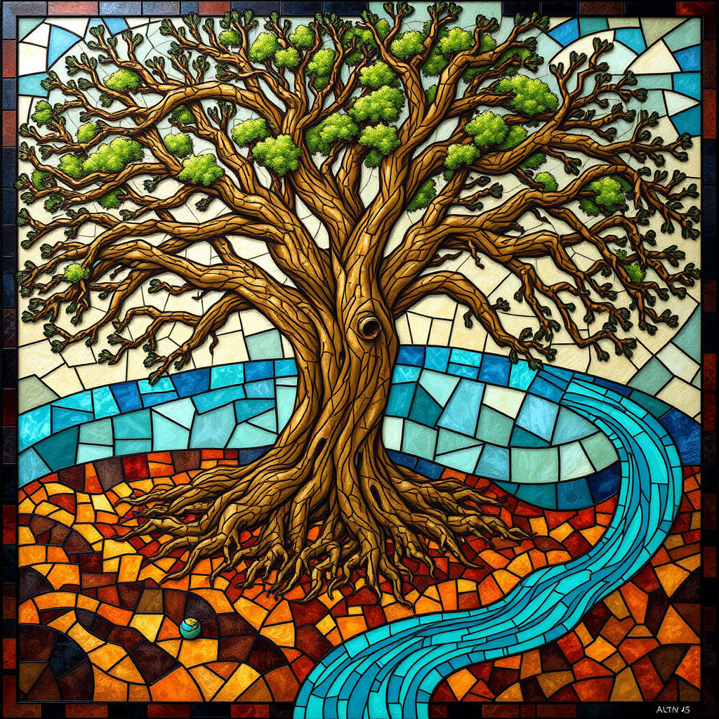 Stained Glass River Tree: Detailed Matte Painting
