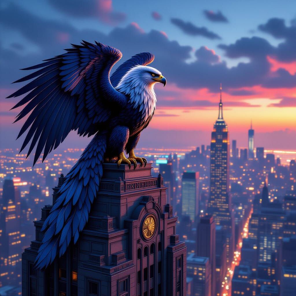 Majestic Griffin on Art Deco Skyscraper, Neon Metropolis