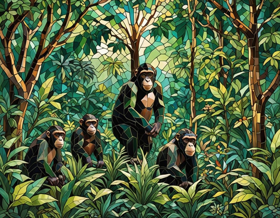 Lush Tropical Rainforest with Apes in Stained Glass Style