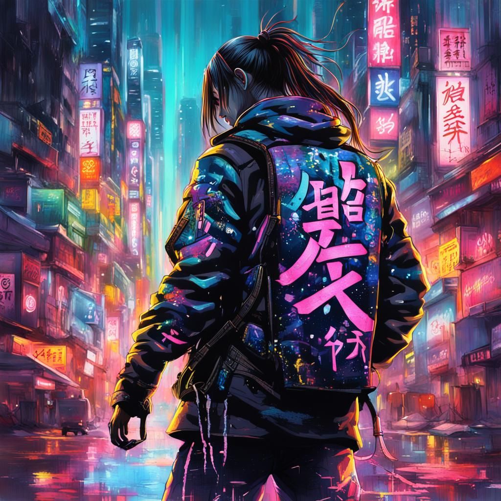 Cyberpunk Warrior Roams Neon City Streets