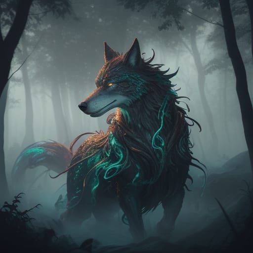 Surreal Fantasy Wolf Yuan-ti Animus in Mystical Forest